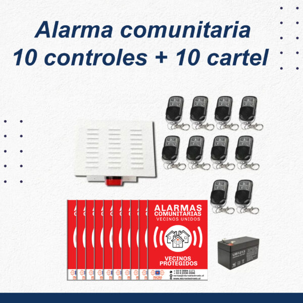 Kit Alarma comunitaria 20 Watts 118 DB + 10 Controles + 10 Carteles