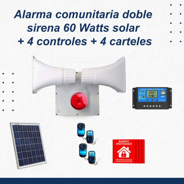 Alarma Comunitaria 60W Solar + 4 Controles Remotos + 4 Placas