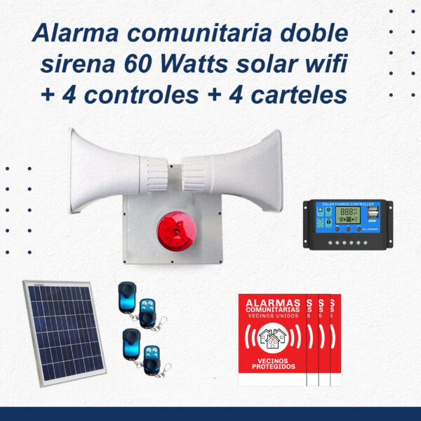 Alarma Comunitaria 60W wifi Solar + 4 Controles Remotos + 4 Placas
