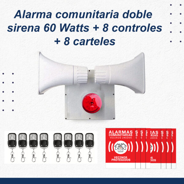 Alarma comunitaria doble sirena 60 Watts + 8 controles
