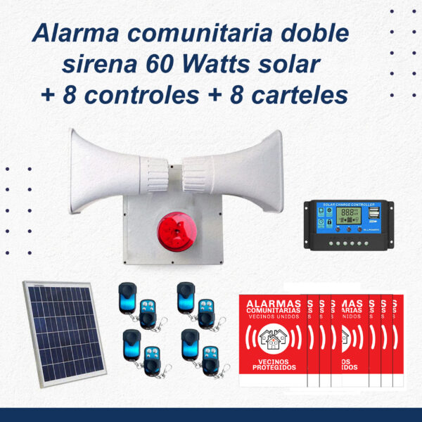 Alarma Comunitaria 60W Solar + 8 Controles Remotos + 8 Placas
