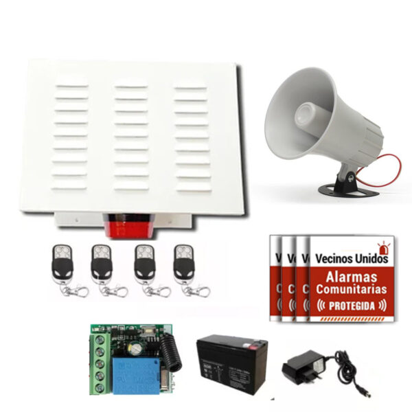 Kit Alarma comunitaria 20 Watts 2 tonos 118 DB + 4 controles + 4 carteles
