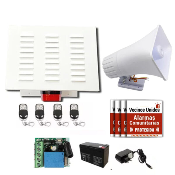 Kit Alarma comunitaria 30 Watts 3 tonos 120 DB + 4 controles + 4 carteles